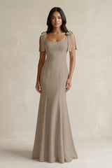 Square Neck Mermaid Bridesmaid Dress With Bow in Almond - KISS BRIDAL Bridesmaid Dresses