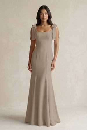 Square Neck Mermaid Bridesmaid Dress With Bow in Almond - KISS BRIDAL Bridesmaid Dresses