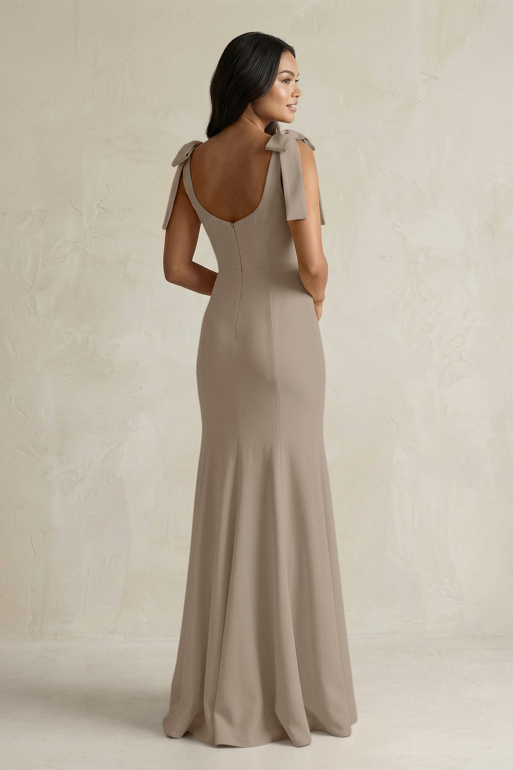 Square Neck Mermaid Bridesmaid Dress With Bow in Almond - KISS BRIDAL Bridesmaid Dresses