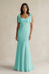 Square Neck Mermaid Bridesmaid Dress With Bow in Aqua - KISS BRIDAL Bridesmaid Dresses