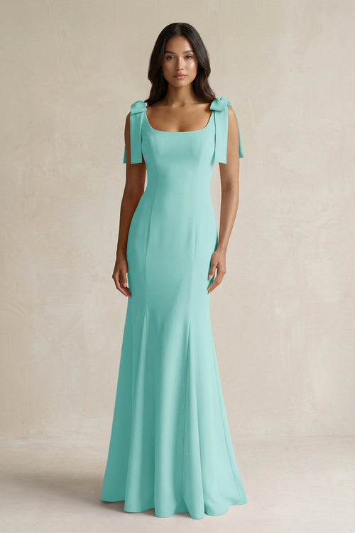 Square Neck Mermaid Bridesmaid Dress With Bow in Aqua - KISS BRIDAL Bridesmaid Dresses
