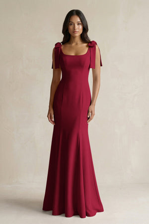 Square Neck Mermaid Bridesmaid Dress With Bow in Berry - KISS BRIDAL Bridesmaid Dresses