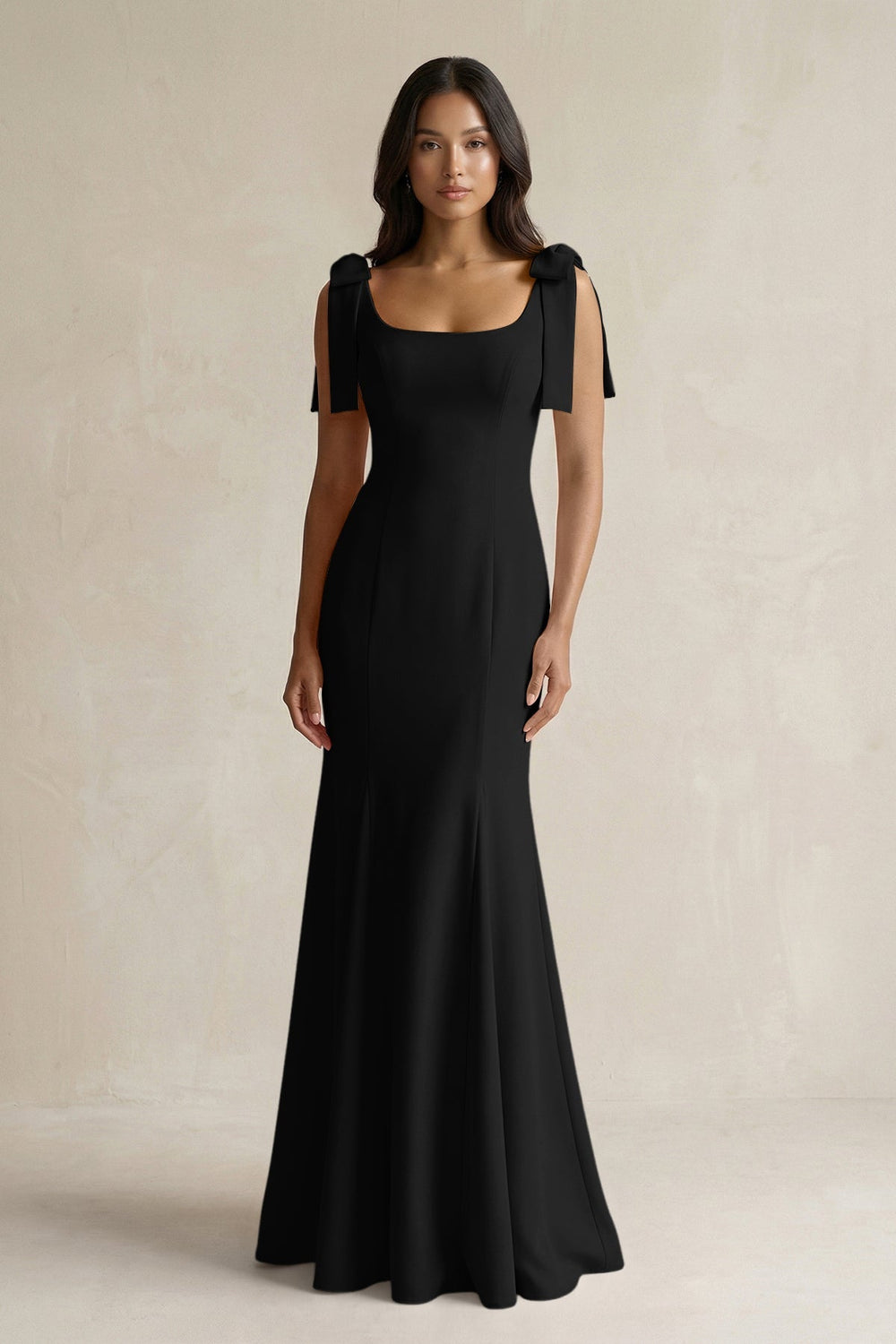 Square Neck Mermaid Bridesmaid Dress With Bow in Black - KISS BRIDAL Bridesmaid Dresses