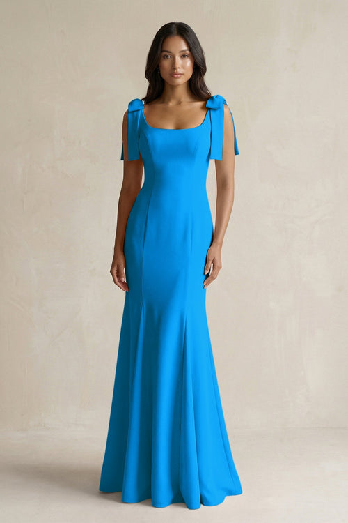Square Neck Mermaid Bridesmaid Dress With Bow in Blue Jay - KISS BRIDAL Bridesmaid Dresses