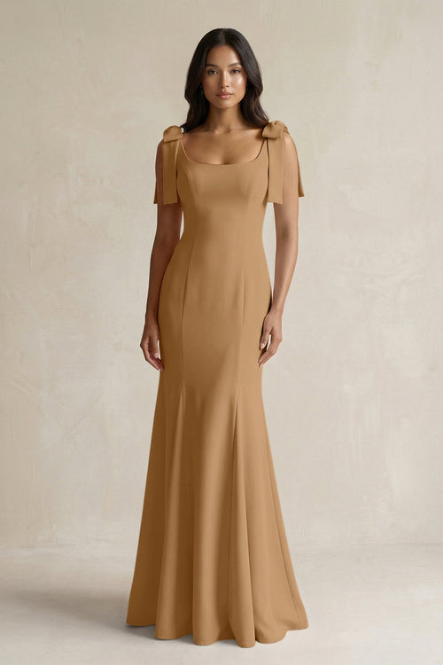 Square Neck Mermaid Bridesmaid Dress With Bow in Bronzer - KISS BRIDAL Bridesmaid Dresses