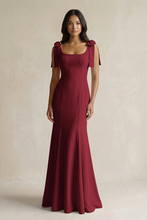 Square Neck Mermaid Bridesmaid Dress With Bow in Burgundy - KISS BRIDAL Bridesmaid Dresses