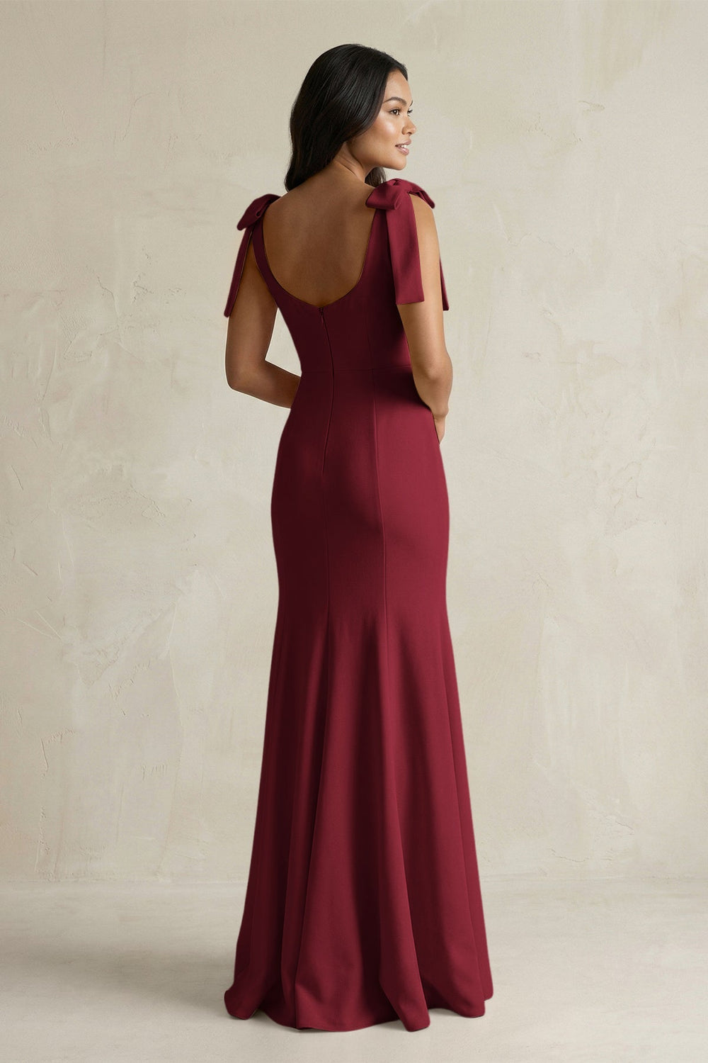 Square Neck Mermaid Bridesmaid Dress With Bow in Burgundy - KISS BRIDAL Bridesmaid Dresses
