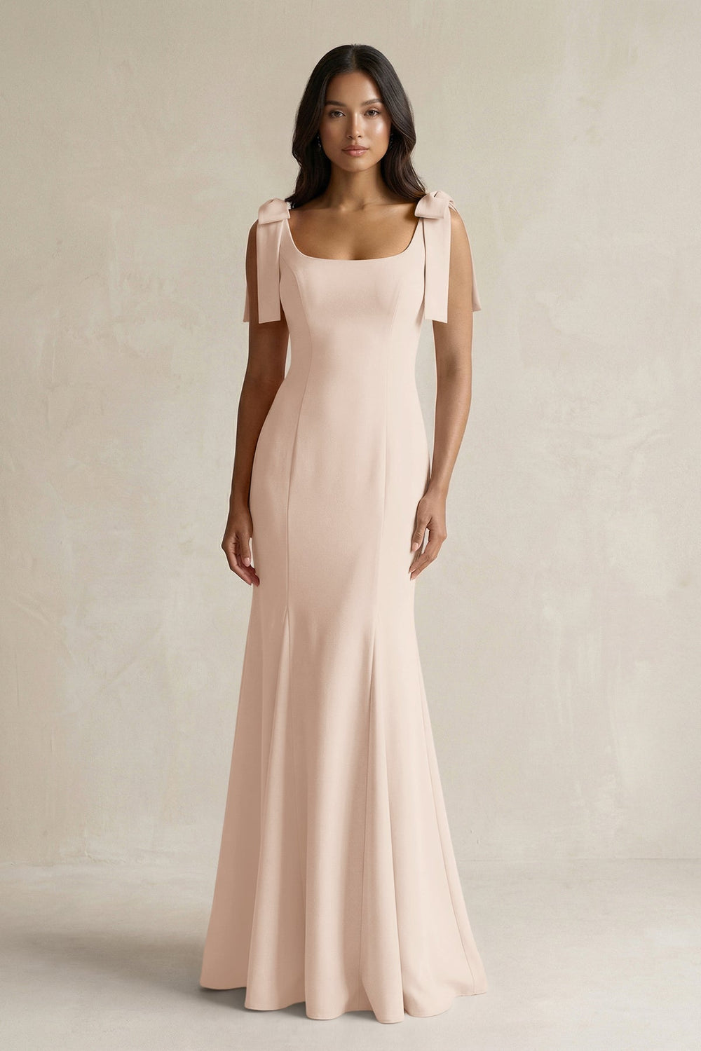 Square Neck Mermaid Bridesmaid Dress With Bow in Buttercream - KISS BRIDAL Bridesmaid Dresses