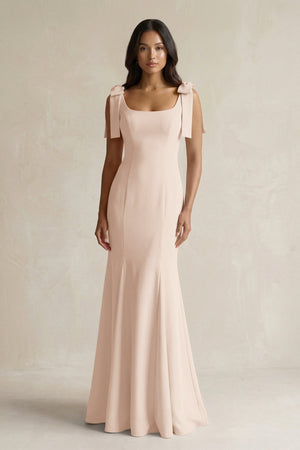 Square Neck Mermaid Bridesmaid Dress With Bow in Buttercream - KISS BRIDAL Bridesmaid Dresses