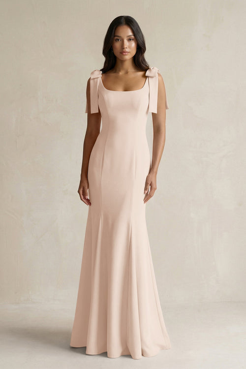 Square Neck Mermaid Bridesmaid Dress With Bow in Buttercream - KISS BRIDAL Bridesmaid Dresses