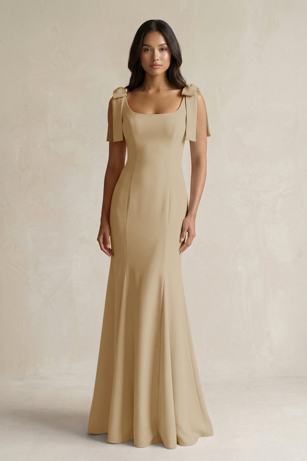 Square Neck Mermaid Bridesmaid Dress With Bow in Champagne - KISS BRIDAL Bridesmaid Dresses