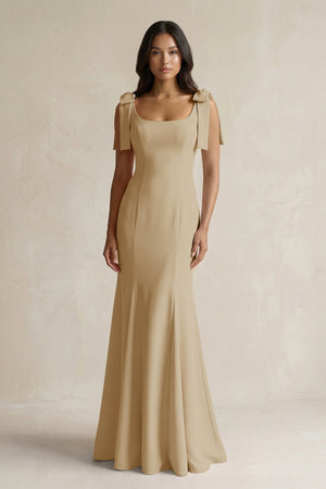 Square Neck Mermaid Bridesmaid Dress With Bow in Champagne - KISS BRIDAL Bridesmaid Dresses
