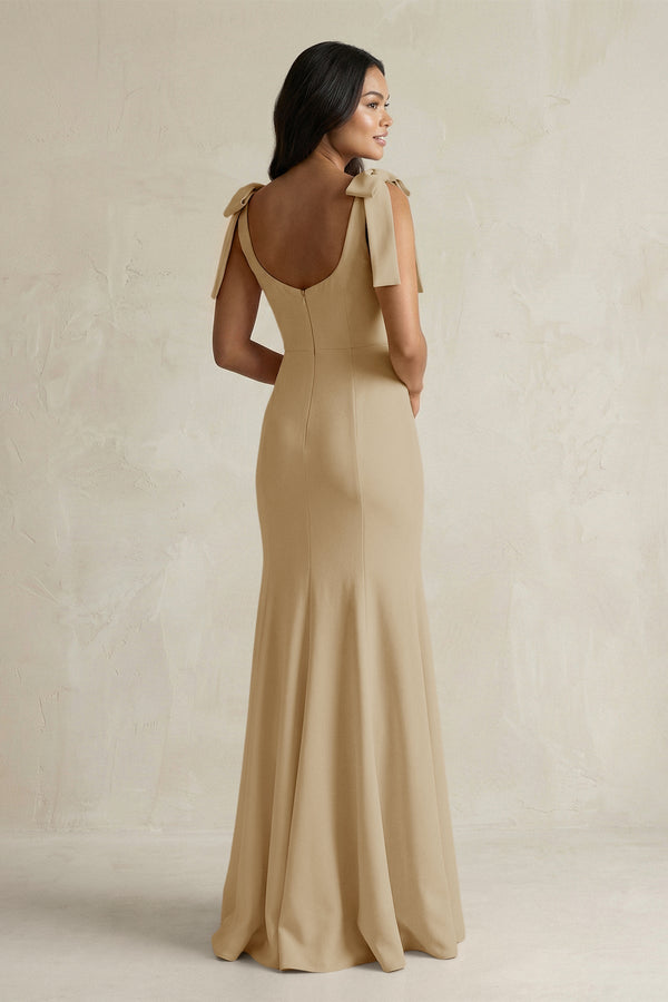 Square Neck Mermaid Bridesmaid Dress With Bow in Champagne - KISS BRIDAL Bridesmaid Dresses