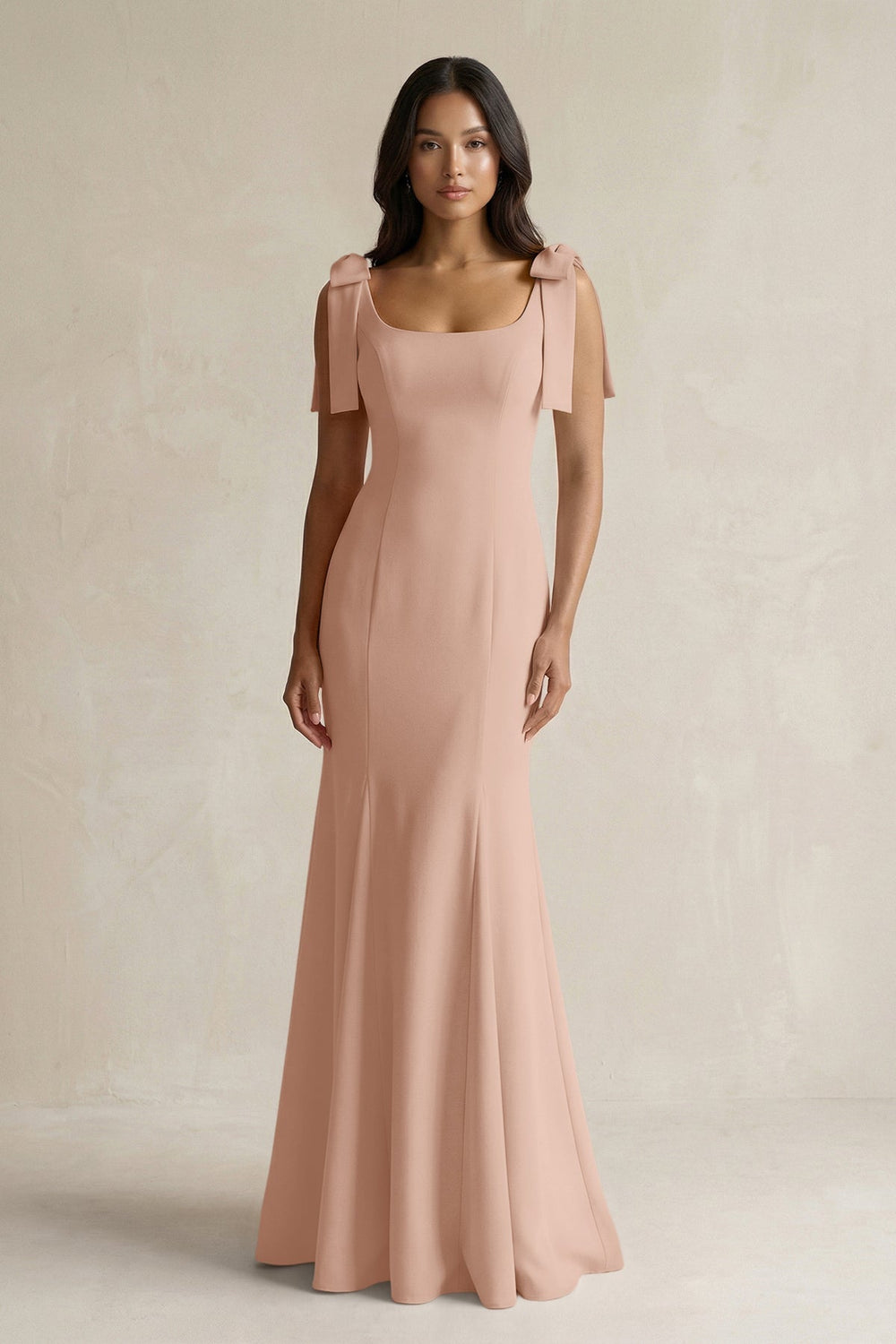 Square Neck Mermaid Bridesmaid Dress With Bow in Champagne Rose - KISS BRIDAL Bridesmaid Dresses