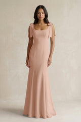 Square Neck Mermaid Bridesmaid Dress With Bow in Champagne Rose - KISS BRIDAL Bridesmaid Dresses