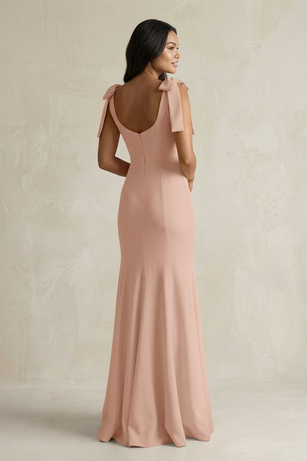 Square Neck Mermaid Bridesmaid Dress With Bow in Champagne Rose - KISS BRIDAL Bridesmaid Dresses