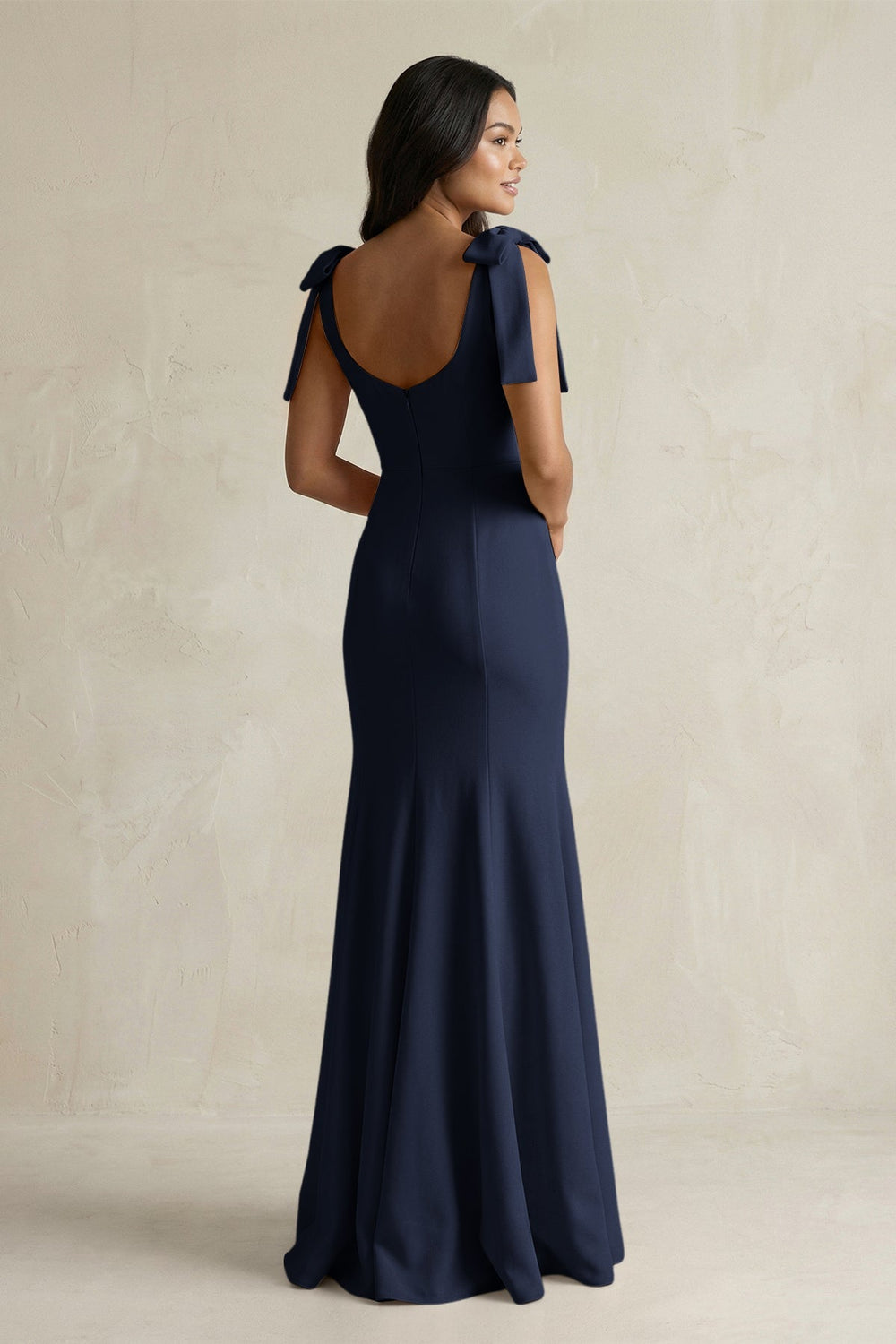 Square Neck Mermaid Bridesmaid Dress With Bow in Dark Navy - KISS BRIDAL Bridesmaid Dresses