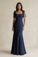 Square Neck Mermaid Bridesmaid Dress With Bow in Dark Navy - KISS BRIDAL Bridesmaid Dresses