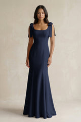 Square Neck Mermaid Bridesmaid Dress With Bow in Dark Navy - KISS BRIDAL Bridesmaid Dresses