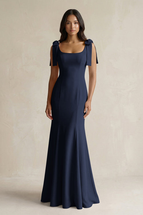 Square Neck Mermaid Bridesmaid Dress With Bow in Dark Navy - KISS BRIDAL Bridesmaid Dresses