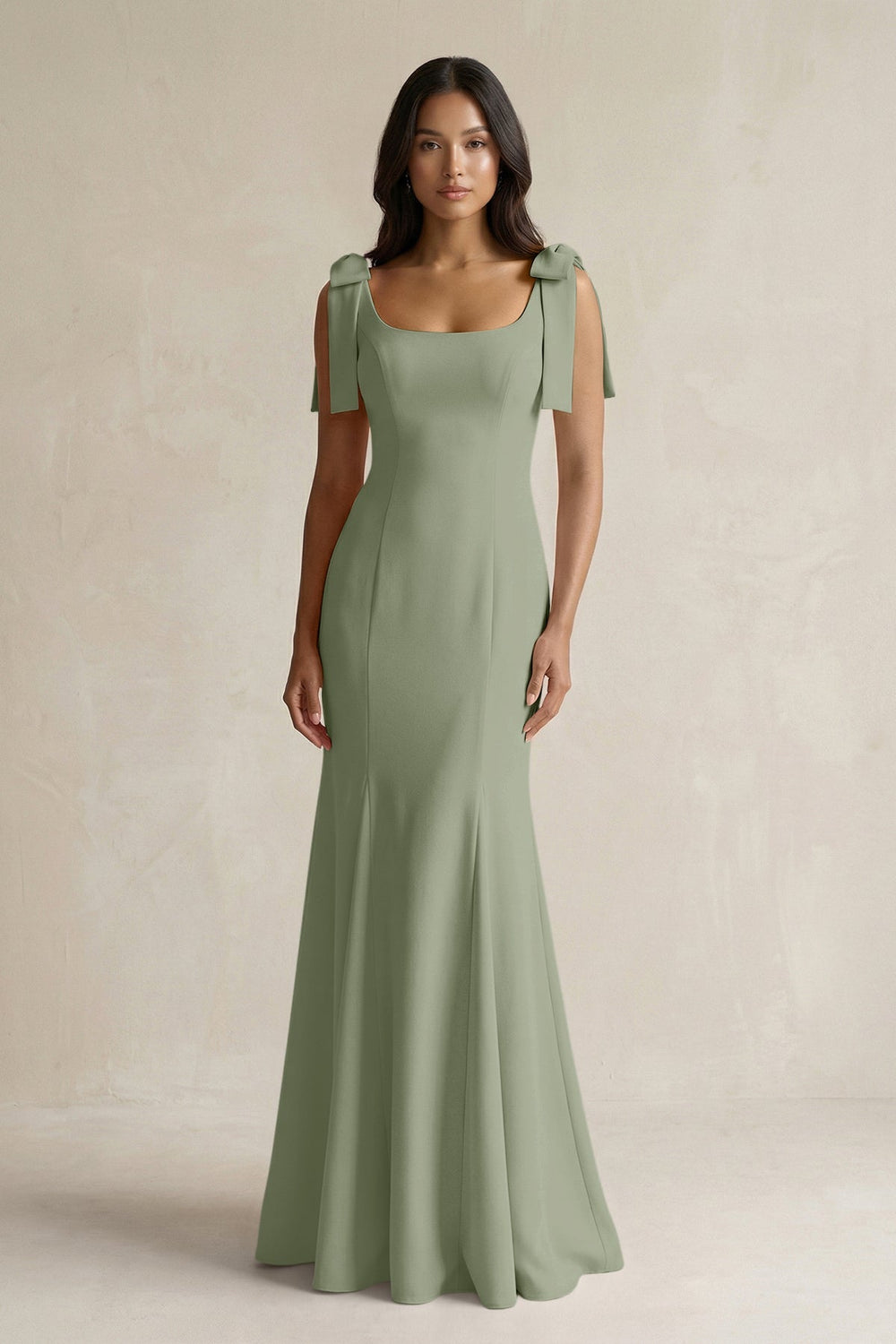 Square Neck Mermaid Bridesmaid Dress With Bow in Dove Gray - KISS BRIDAL Bridesmaid Dresses
