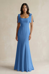 Square Neck Mermaid Bridesmaid Dress With Bow in Dusty Blue - KISS BRIDAL Bridesmaid Dresses