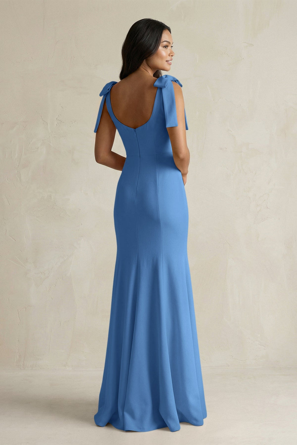 Square Neck Mermaid Bridesmaid Dress With Bow in Dusty Blue - KISS BRIDAL Bridesmaid Dresses