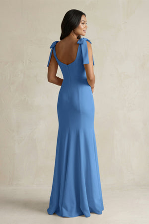 Square Neck Mermaid Bridesmaid Dress With Bow in Dusty Blue - KISS BRIDAL Bridesmaid Dresses