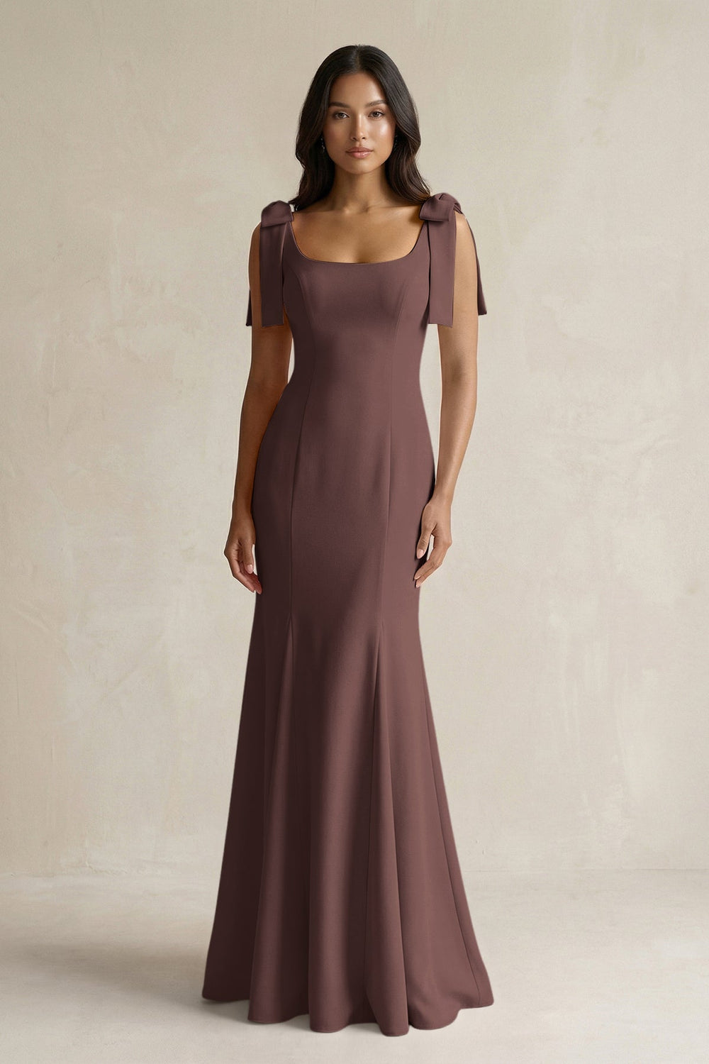 Square Neck Mermaid Bridesmaid Dress With Bow in Espresso - KISS BRIDAL Bridesmaid Dresses