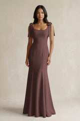 Square Neck Mermaid Bridesmaid Dress With Bow in Espresso - KISS BRIDAL Bridesmaid Dresses