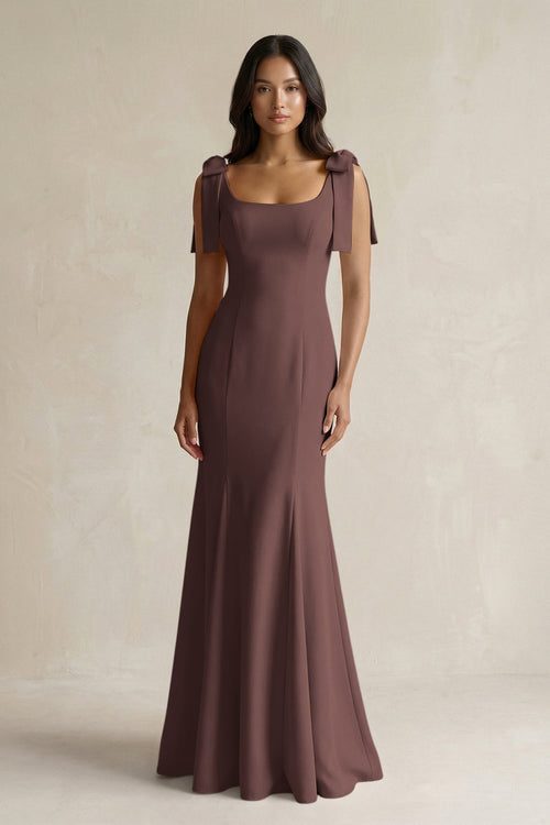 Square Neck Mermaid Bridesmaid Dress With Bow in Espresso - KISS BRIDAL Bridesmaid Dresses