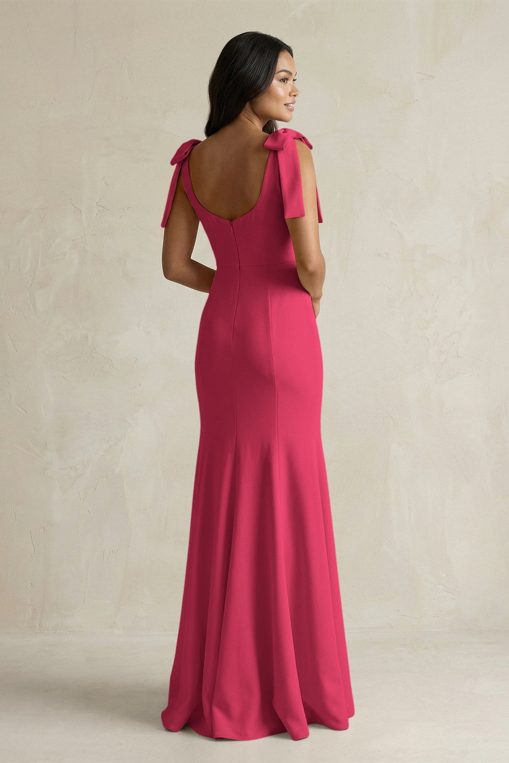 Square Neck Mermaid Bridesmaid Dress With Bow in Fuchsia - KISS BRIDAL Bridesmaid Dresses