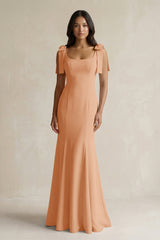 Square Neck Mermaid Bridesmaid Dress With Bow in Golden Champagne - KISS BRIDAL Bridesmaid Dresses