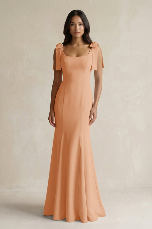Square Neck Mermaid Bridesmaid Dress With Bow in Golden Champagne - KISS BRIDAL Bridesmaid Dresses