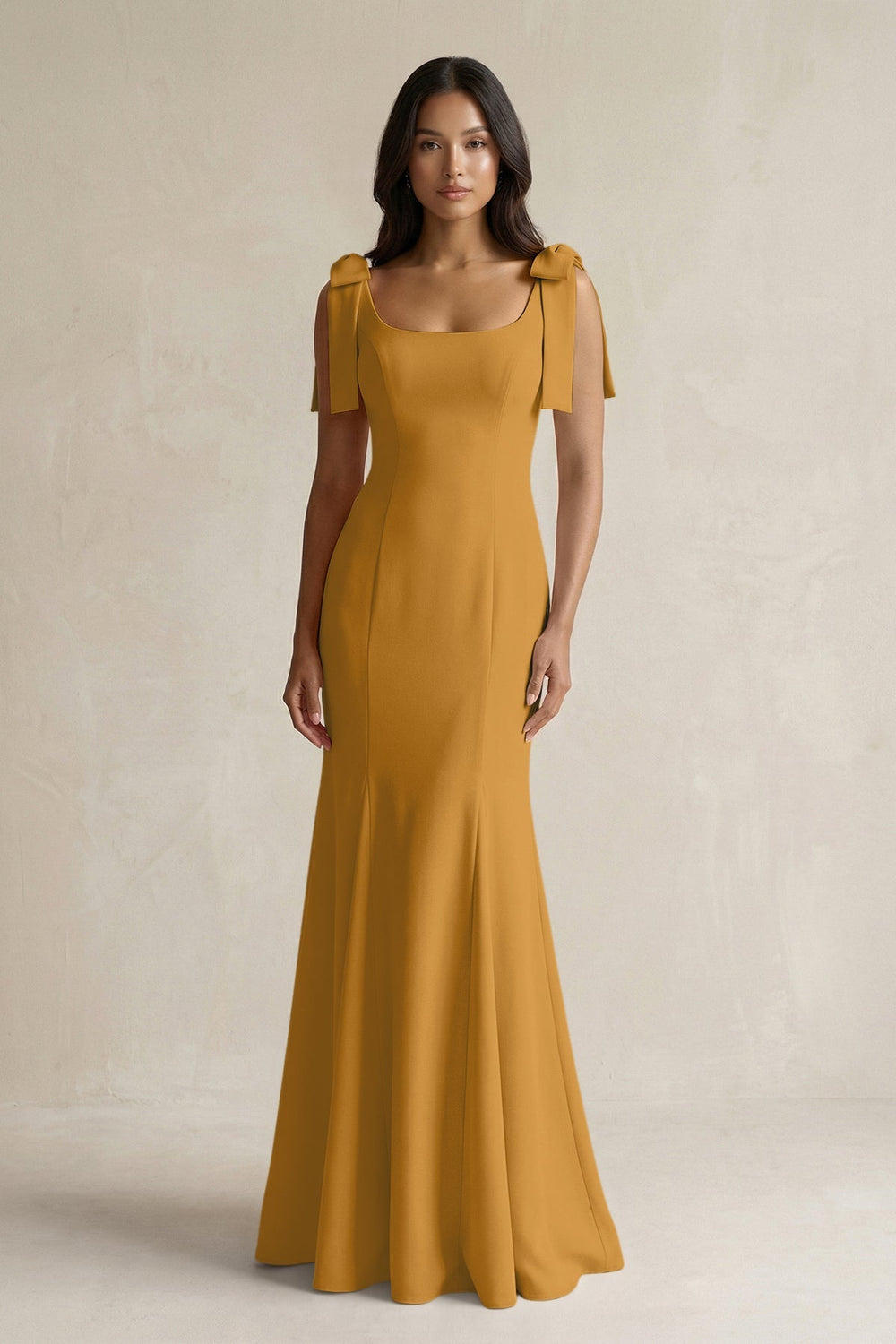 Square Neck Mermaid Bridesmaid Dress With Bow in Marigold - KISS BRIDAL Bridesmaid Dresses