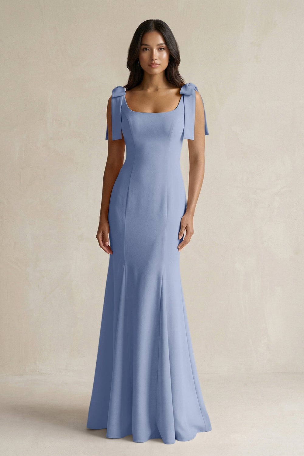 Square Neck Mermaid Bridesmaid Dress With Bow in Mist - KISS BRIDAL Bridesmaid Dresses