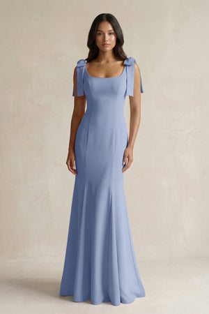 Square Neck Mermaid Bridesmaid Dress With Bow in Mist - KISS BRIDAL Bridesmaid Dresses