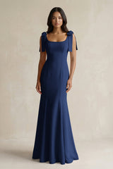 Square Neck Mermaid Bridesmaid Dress With Bow in Navy - KISS BRIDAL Bridesmaid Dresses