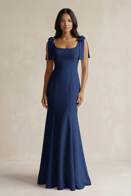 Square Neck Mermaid Bridesmaid Dress With Bow in Navy - KISS BRIDAL Bridesmaid Dresses