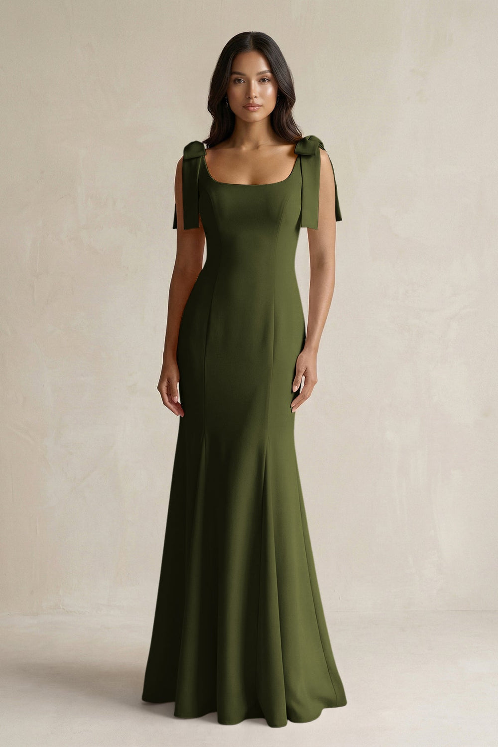 Square Neck Mermaid Bridesmaid Dress With Bow in Olive - KISS BRIDAL Bridesmaid Dresses