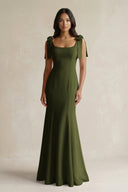 Square Neck Mermaid Bridesmaid Dress With Bow in Olive - KISS BRIDAL Bridesmaid Dresses