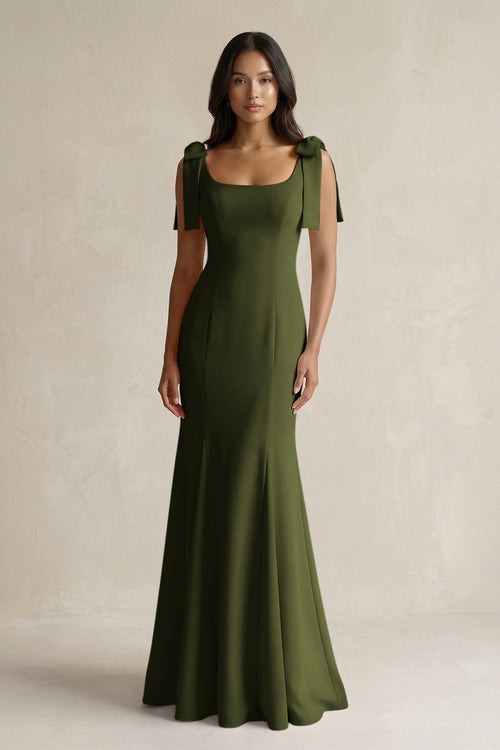 Square Neck Mermaid Bridesmaid Dress With Bow in Olive - KISS BRIDAL Bridesmaid Dresses