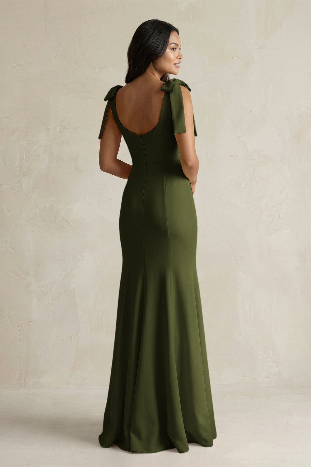 Square Neck Mermaid Bridesmaid Dress With Bow in Olive - KISS BRIDAL Bridesmaid Dresses