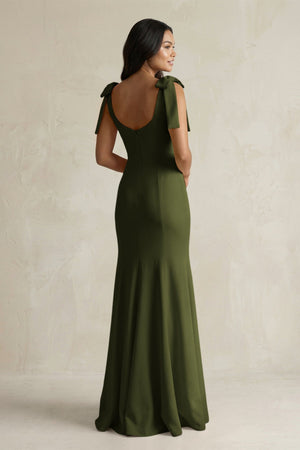 Square Neck Mermaid Bridesmaid Dress With Bow in Olive - KISS BRIDAL Bridesmaid Dresses