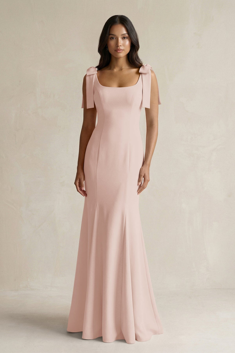 Square Neck Mermaid Bridesmaid Dress With Bow in Pale Blush - KISS BRIDAL Bridesmaid Dresses