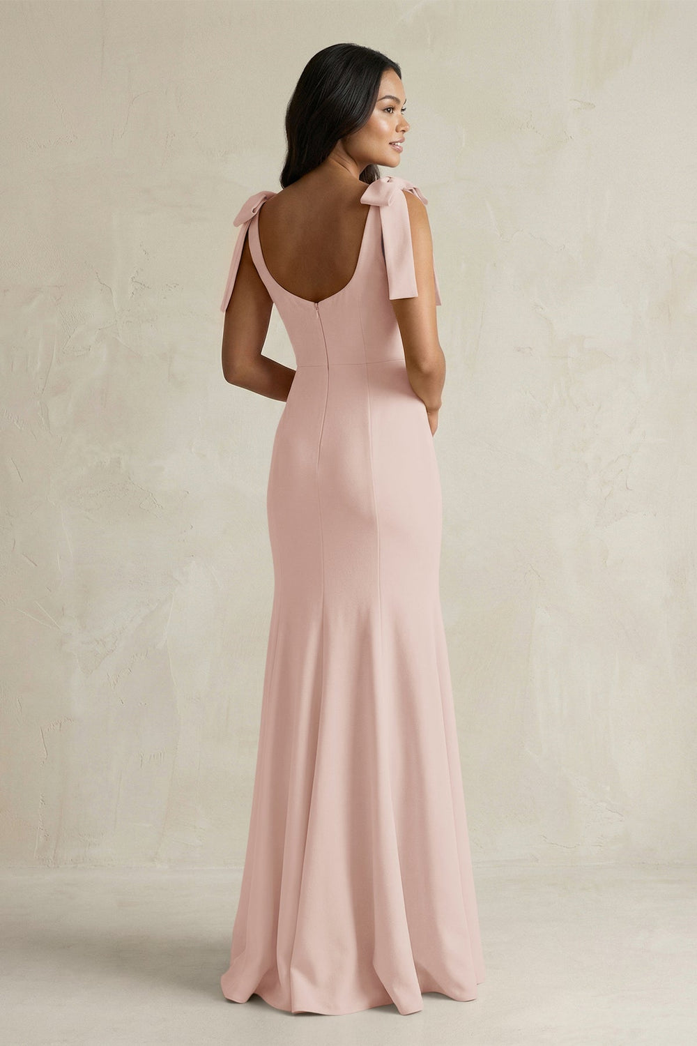 Square Neck Mermaid Bridesmaid Dress With Bow in Pale Blush - KISS BRIDAL Bridesmaid Dresses