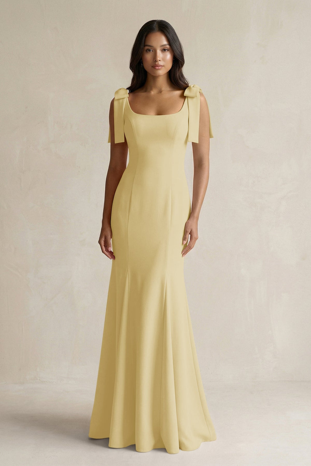 Square Neck Mermaid Bridesmaid Dress With Bow in Pastel Yellow - KISS BRIDAL Bridesmaid Dresses