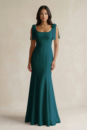 Square Neck Mermaid Bridesmaid Dress With Bow in Pine - KISS BRIDAL Bridesmaid Dresses