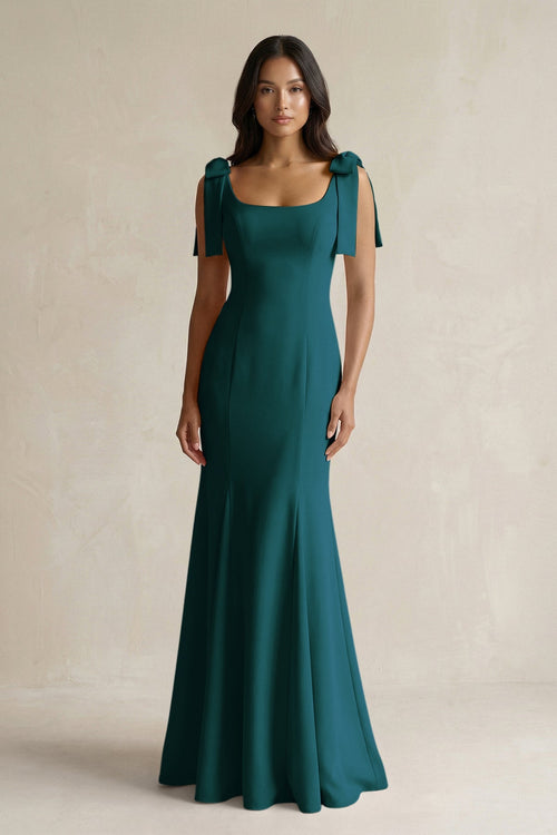 Square Neck Mermaid Bridesmaid Dress With Bow in Pine - KISS BRIDAL Bridesmaid Dresses