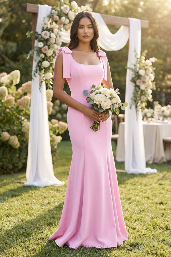 Square Neck Mermaid Bridesmaid Dress With Bow in Pink - KISS BRIDAL Bridesmaid Dresses